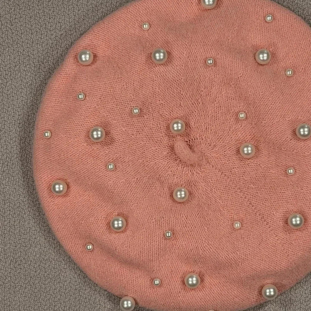 Unbranded Faux Pearl Knit Beret One Size Women Pink Peach Beaded Hat